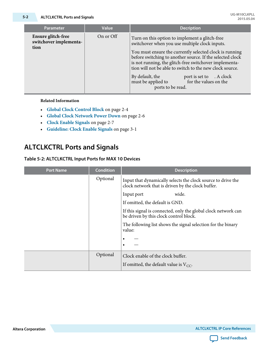 Altclkctrl ports and signals, Altclkctrl ports and signals -2 | Altera MAX 10 Clocking and PLL User Manual | Page 65 / 86