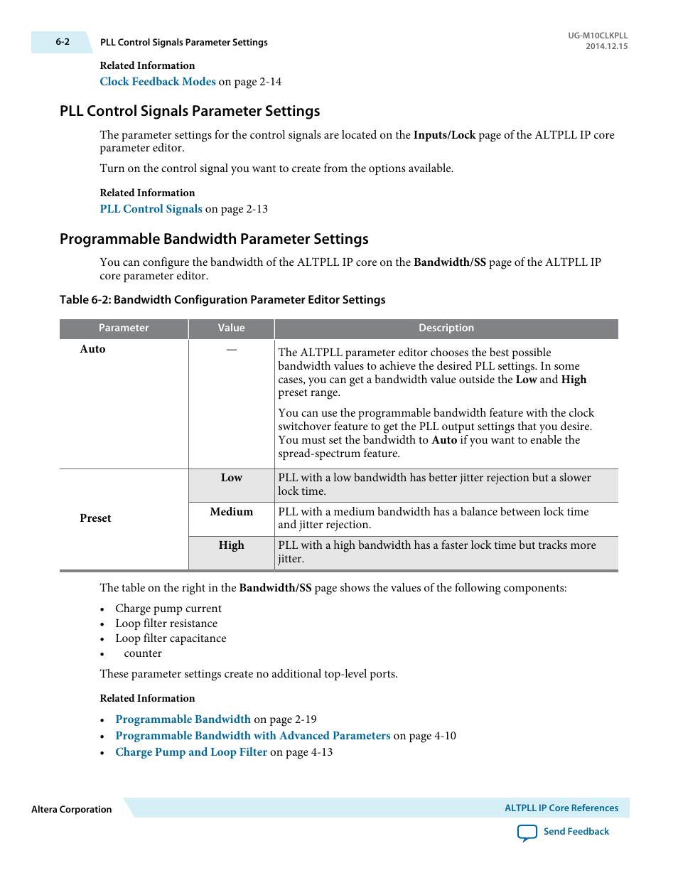 Pll control signals parameter settings, Programmable bandwidth parameter settings, Pll control signals parameter settings -2 | Programmable bandwidth parameter settings -2 | Altera MAX 10 Clocking and PLL User Manual | Page 68 / 86