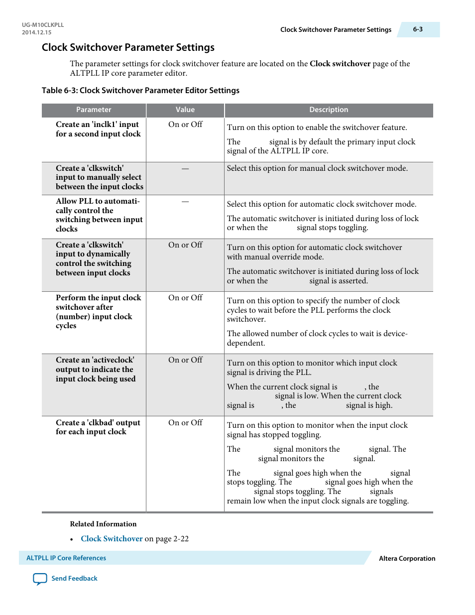 Clock switchover parameter settings, Clock switchover parameter settings -3 | Altera MAX 10 Clocking and PLL User Manual | Page 69 / 86