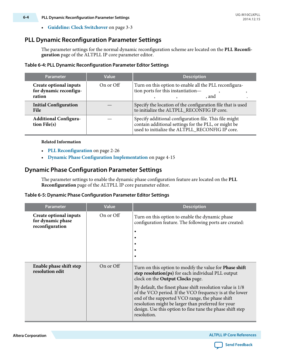 Pll dynamic reconfiguration parameter settings, Dynamic phase configuration parameter settings, Pll dynamic reconfiguration parameter settings -4 | Dynamic phase configuration parameter settings -4 | Altera MAX 10 Clocking and PLL User Manual | Page 70 / 86