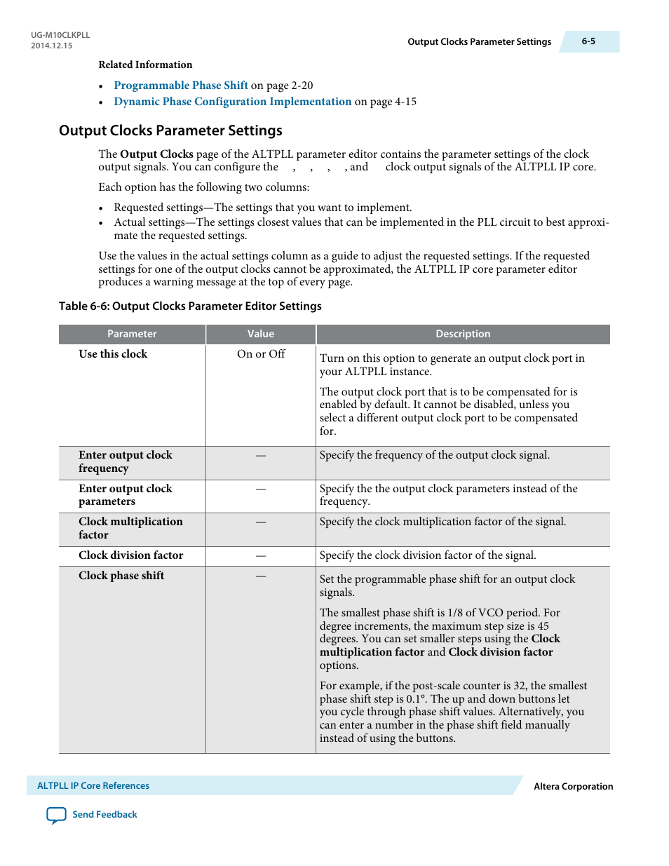 Output clocks parameter settings, Output clocks parameter settings -5 | Altera MAX 10 Clocking and PLL User Manual | Page 71 / 86