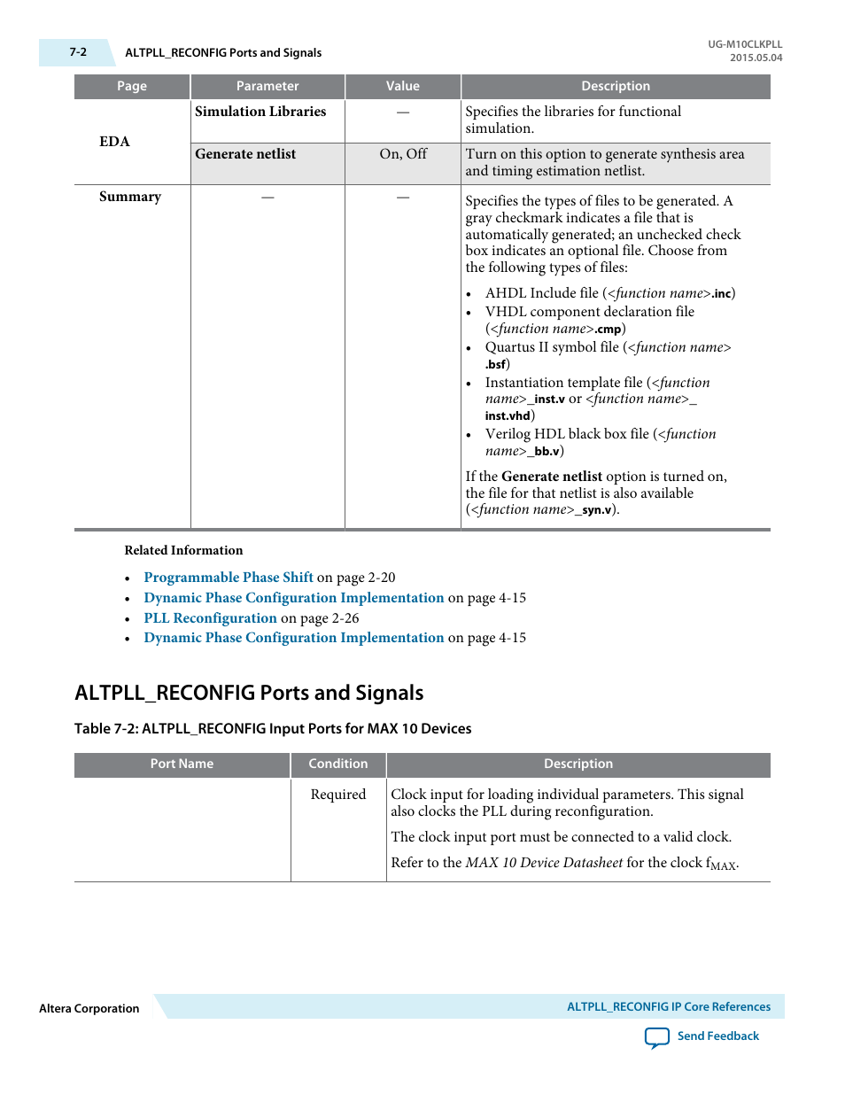 Altpll_reconfig ports and signals, Altpll_reconfig ports and signals -2 | Altera MAX 10 Clocking and PLL User Manual | Page 78 / 86
