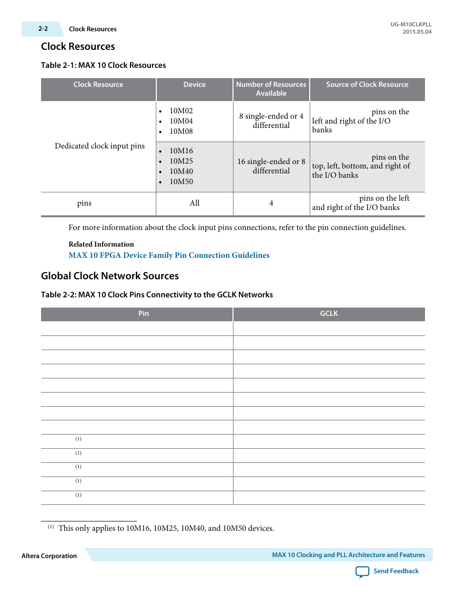 Clock resources, Global clock network sources, Clock resources -2 | Global clock network sources -2 | Altera MAX 10 Clocking and PLL User Manual | Page 8 / 86