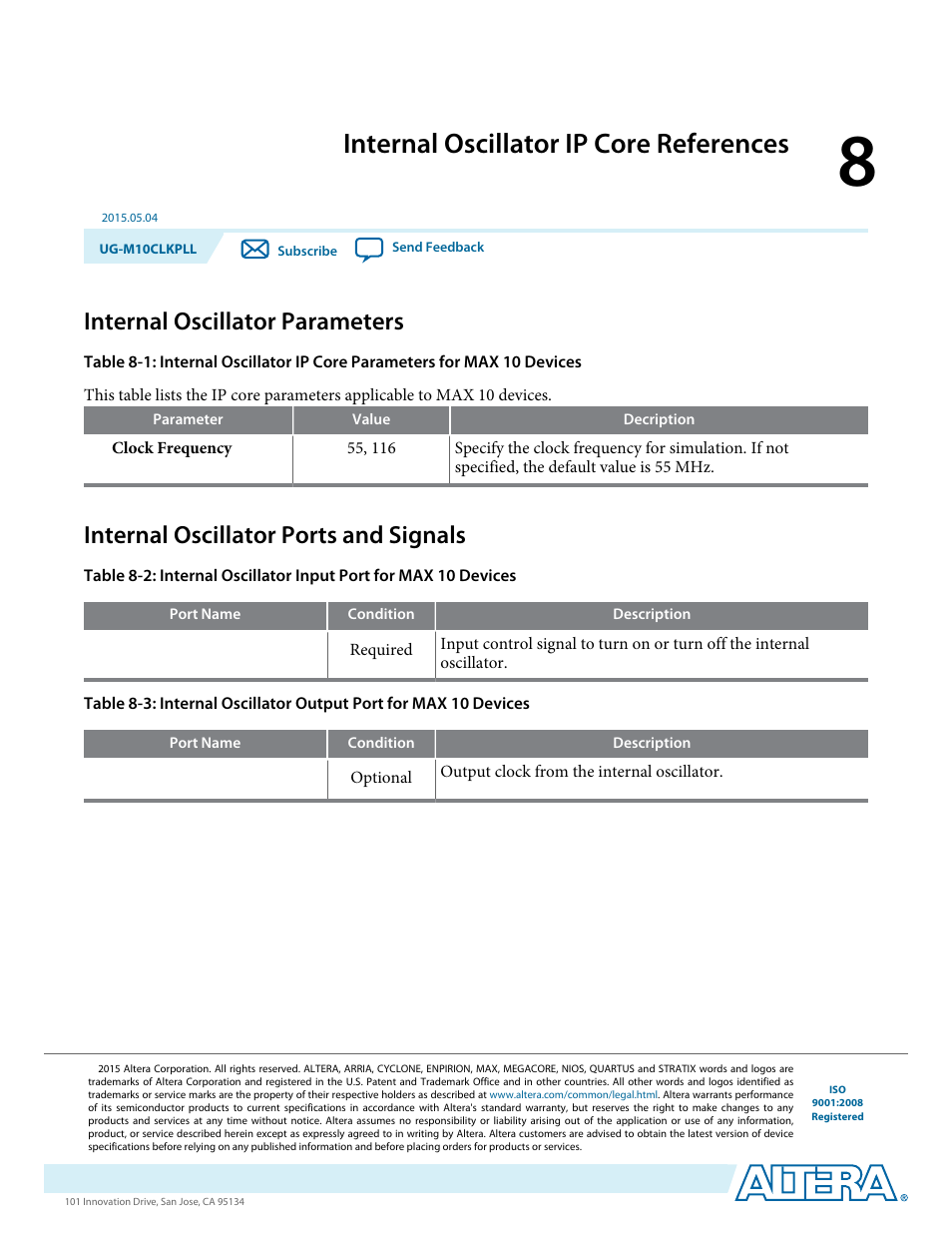 Internal oscillator ip core references, Internal oscillator parameters, Internal oscillator ports and signals | Internal oscillator ip core references -1, Internal oscillator parameters -1, Internal oscillator ports and signals -1 | Altera MAX 10 Clocking and PLL User Manual | Page 85 / 86