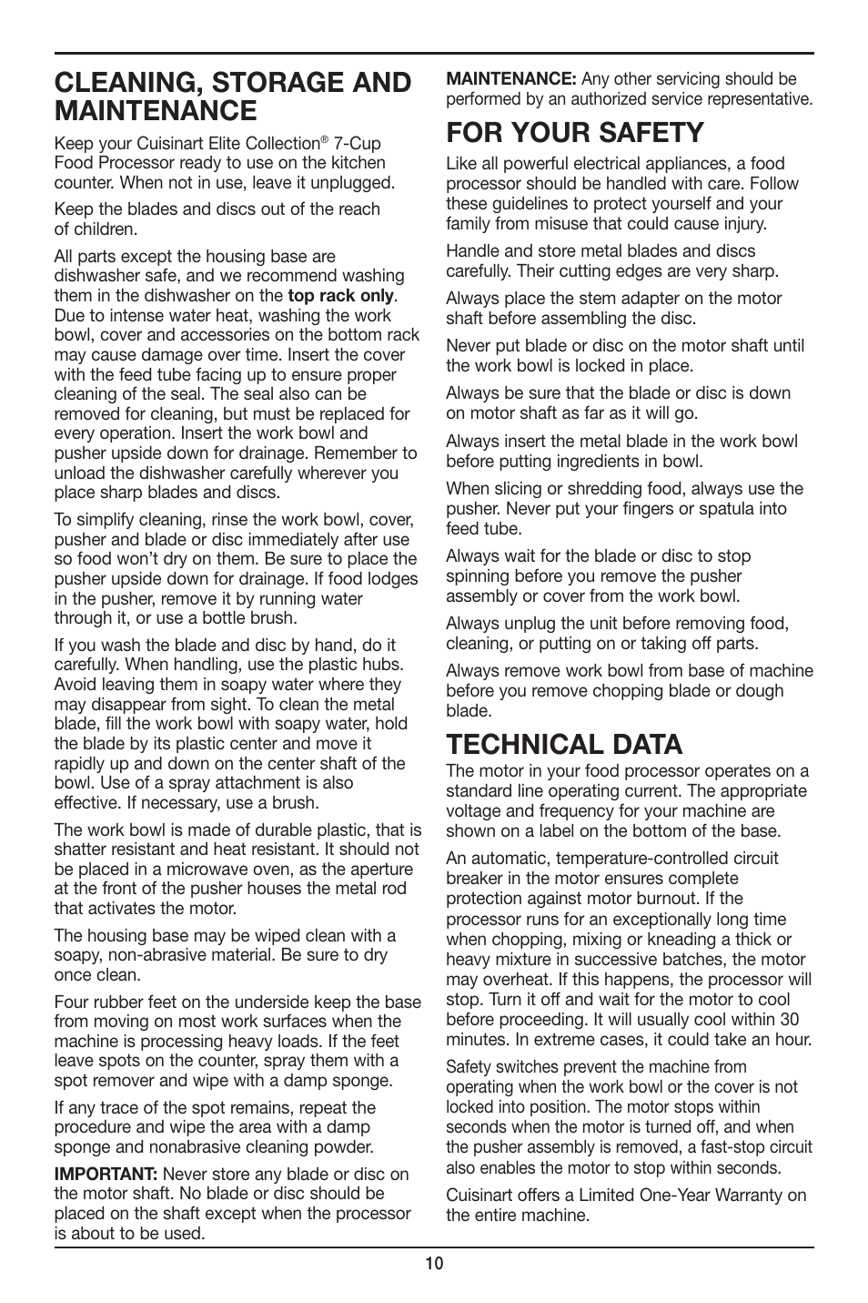 Cleaning, storage and maintenance, For your safety, Technical data | Cuisinart 7-Cup Elite Collection Food Processor MFP-107 Series User Manual | Page 11 / 61