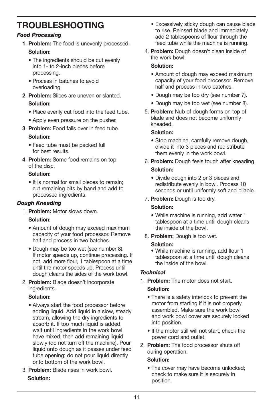 Troubleshooting | Cuisinart 7-Cup Elite Collection Food Processor MFP-107 Series User Manual | Page 12 / 61