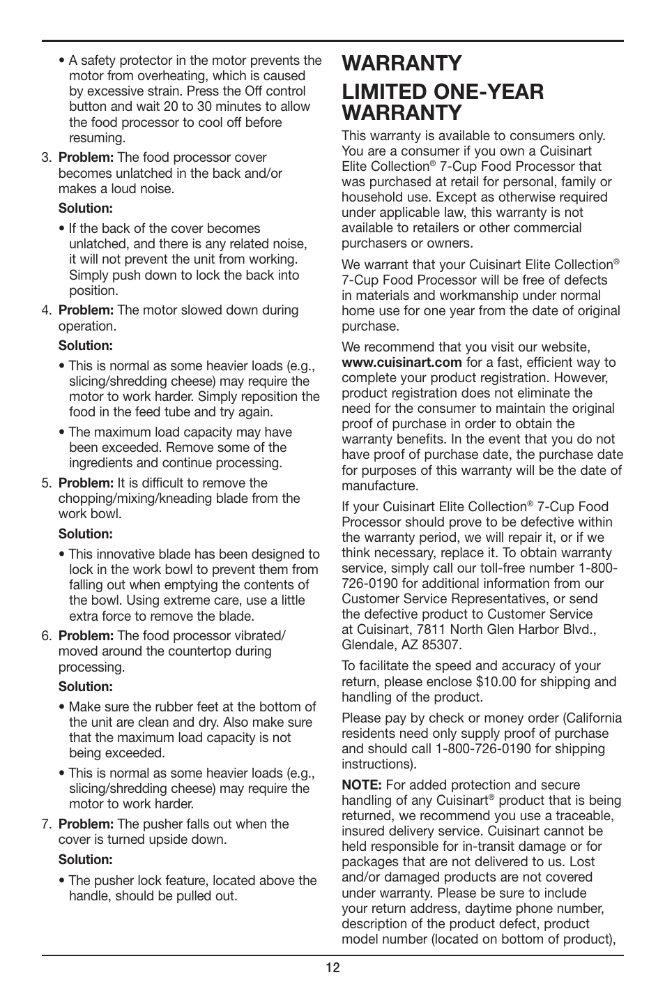Warranty limited one-year warranty | Cuisinart 7-Cup Elite Collection Food Processor MFP-107 Series User Manual | Page 13 / 61
