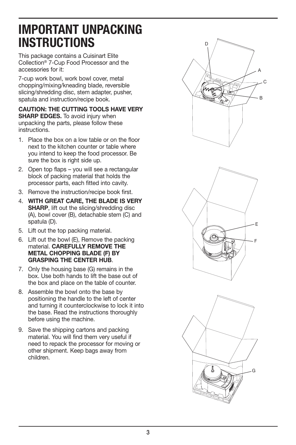 Important unpacking instructions | Cuisinart 7-Cup Elite Collection Food Processor MFP-107 Series User Manual | Page 4 / 61