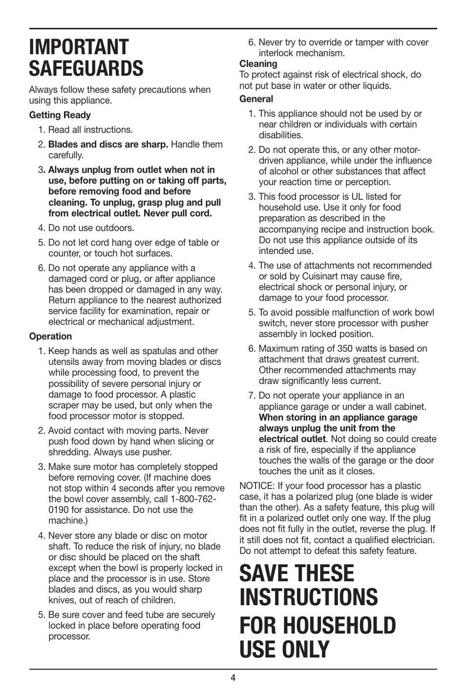 Save these instructions for household use only, Important safeguards | Cuisinart 7-Cup Elite Collection Food Processor MFP-107 Series User Manual | Page 5 / 61