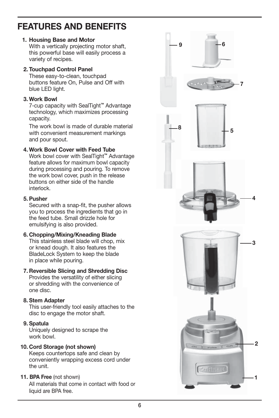Features and benefits | Cuisinart 7-Cup Elite Collection Food Processor MFP-107 Series User Manual | Page 7 / 61