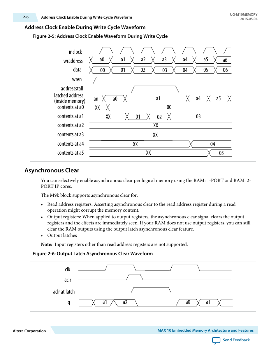 Address clock enable during write cycle waveform, Asynchronous clear, Asynchronous clear -6 | Altera MAX 10 Embedded Memory User Manual | Page 10 / 71