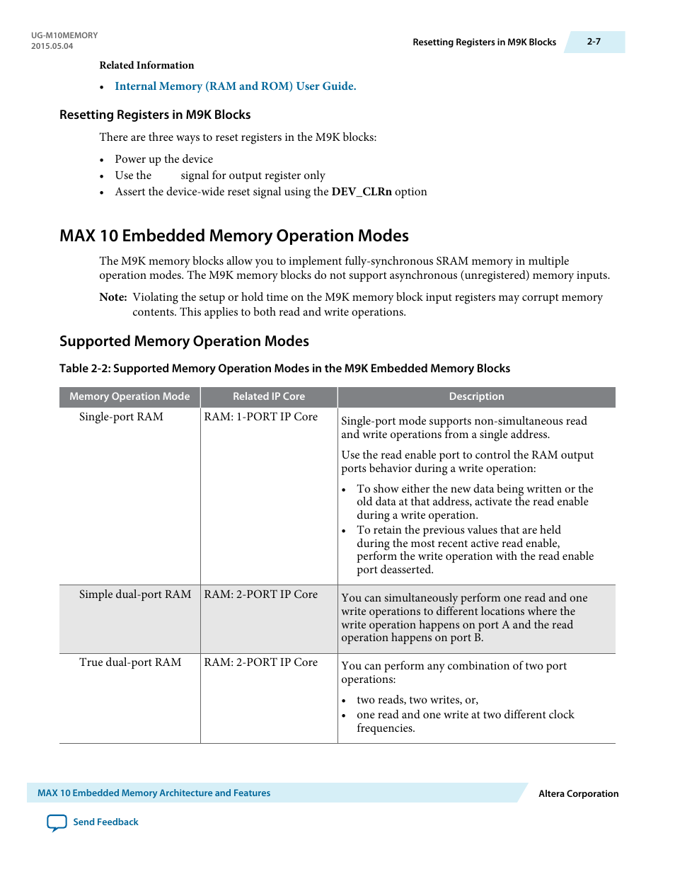 Resetting registers in m9k blocks, Max 10 embedded memory operation modes, Supported memory operation modes | Max 10 embedded memory operation modes -7, Supported memory operation modes -7 | Altera MAX 10 Embedded Memory User Manual | Page 11 / 71