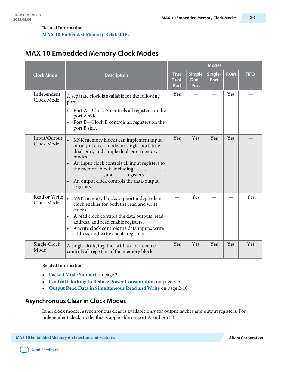 Max 10 embedded memory clock modes, Asynchronous clear in clock modes, Max 10 embedded memory clock modes -9 | Asynchronous clear in clock modes -9 | Altera MAX 10 Embedded Memory User Manual | Page 13 / 71