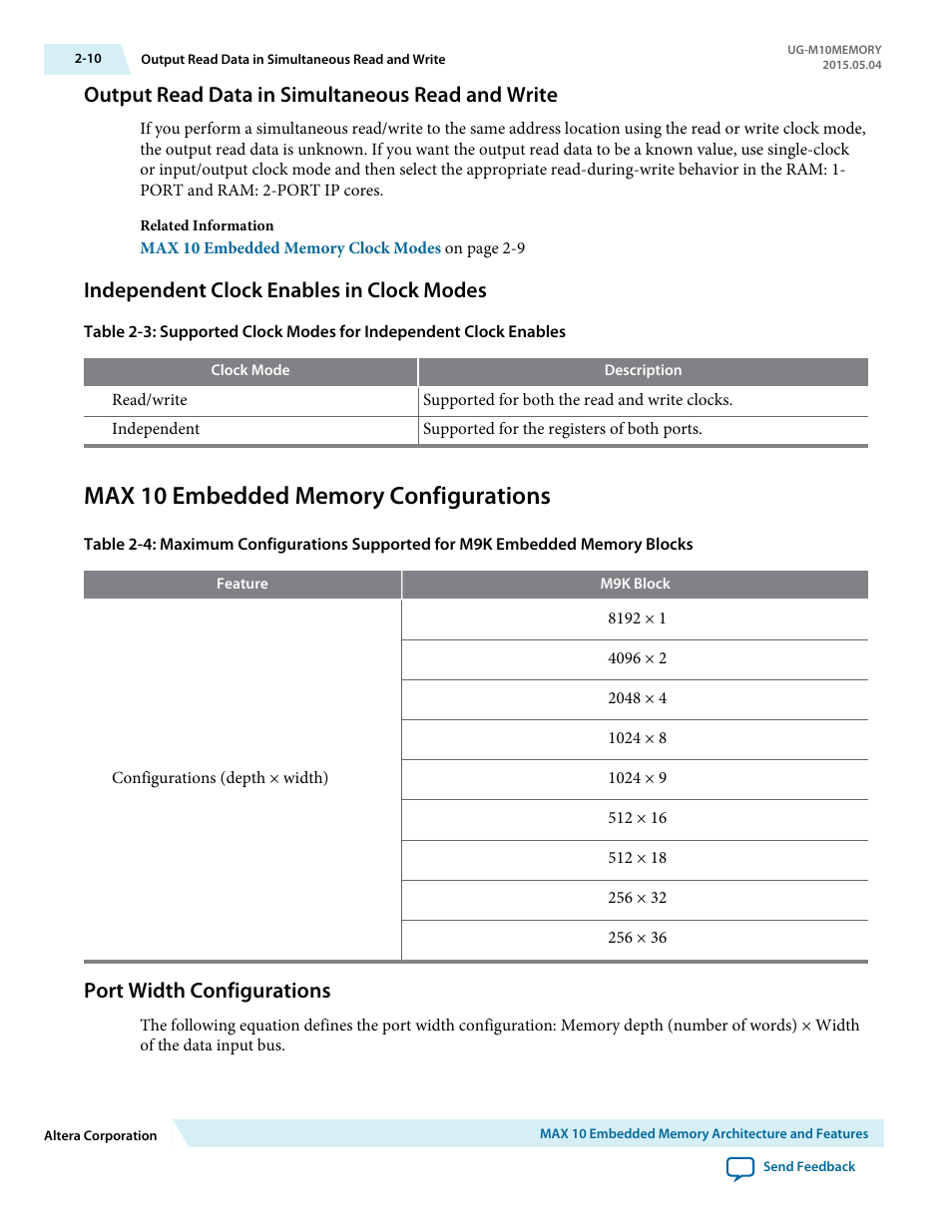 Output read data in simultaneous read and write, Independent clock enables in clock modes, Max 10 embedded memory configurations | Port width configurations, Independent clock enables in clock modes -10, Max 10 embedded memory configurations -10, Port width configurations -10 | Altera MAX 10 Embedded Memory User Manual | Page 14 / 71