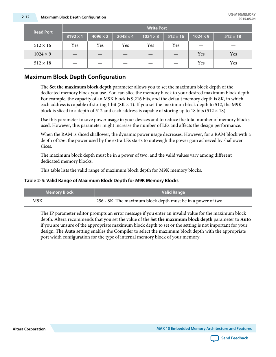 Maximum block depth configuration, Maximum block depth configuration -12 | Altera MAX 10 Embedded Memory User Manual | Page 16 / 71