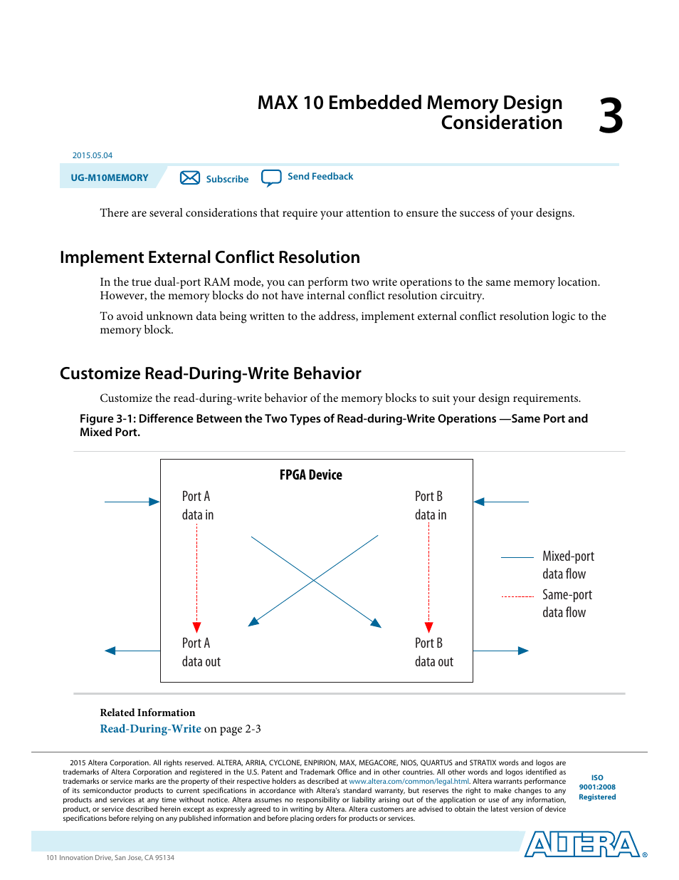 Max 10 embedded memory design consideration, Implement external conflict resolution, Customize read-during-write behavior | Max 10 embedded memory design consideration -1, Implement external conflict resolution -1, Customize read-during-write behavior -1 | Altera MAX 10 Embedded Memory User Manual | Page 17 / 71