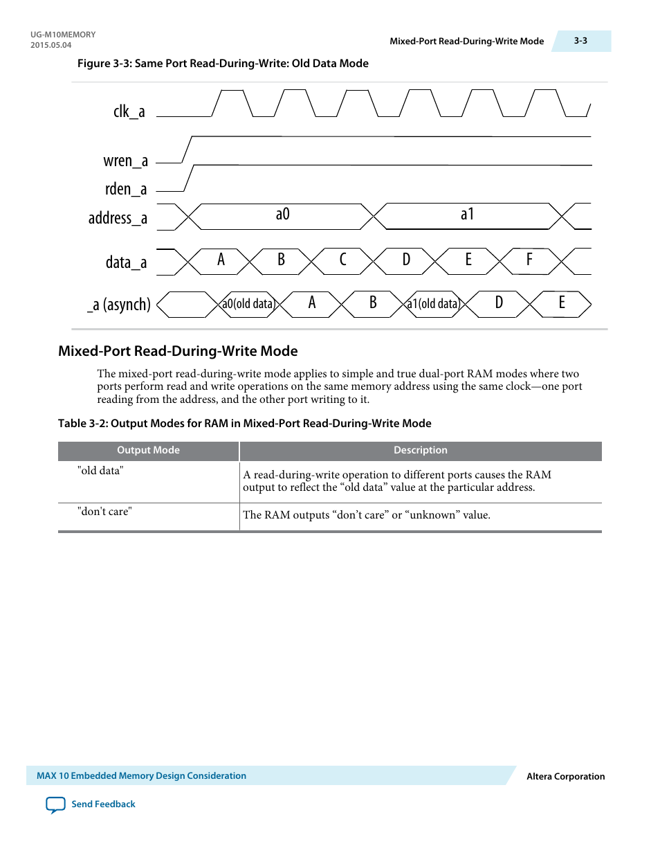 Mixed-port read-during-write mode, Mixed-port read-during-write mode -3, Ab d e | Altera MAX 10 Embedded Memory User Manual | Page 19 / 71