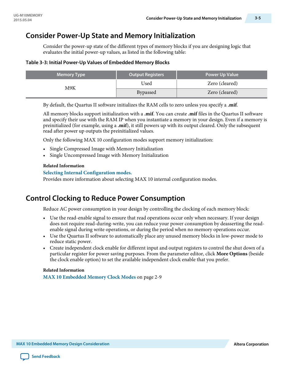 Consider power-up state and memory initialization, Control clocking to reduce power consumption, Control clocking to reduce power consumption -5 | Altera MAX 10 Embedded Memory User Manual | Page 21 / 71