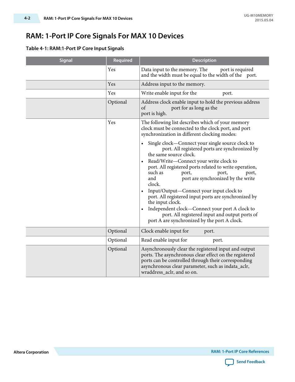 Ram: 1-port ip core signals for max 10 devices, Ram: 1-port ip core signals for max 10 devices -2 | Altera MAX 10 Embedded Memory User Manual | Page 24 / 71