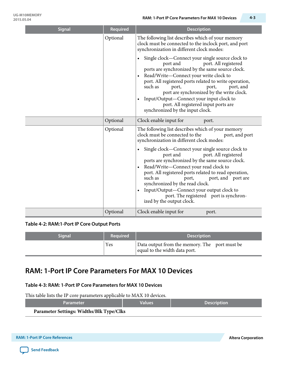 Ram: 1-port ip core parameters for max 10 devices | Altera MAX 10 Embedded Memory User Manual | Page 25 / 71