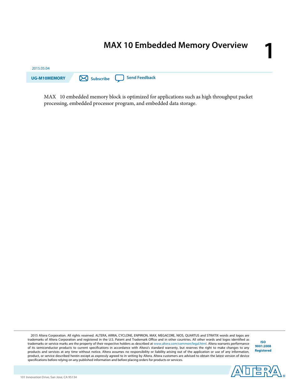 Max 10 embedded memory overview, Max 10 embedded memory overview -1 | Altera MAX 10 Embedded Memory User Manual | Page 4 / 71