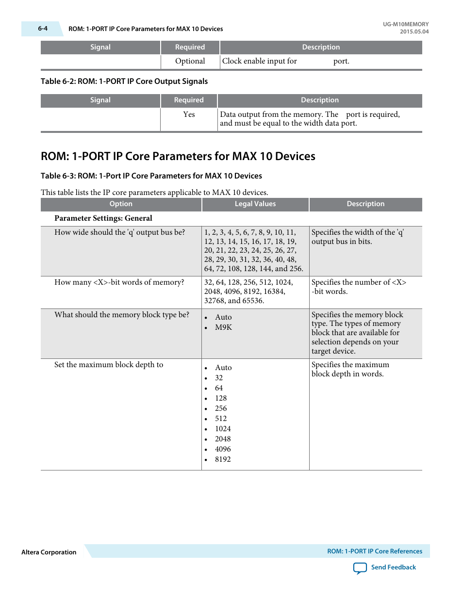 Rom: 1-port ip core parameters for max 10 devices | Altera MAX 10 Embedded Memory User Manual | Page 49 / 71
