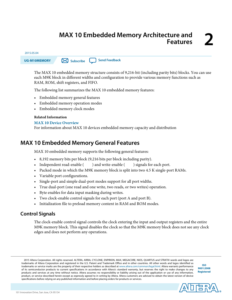 Max 10 embedded memory architecture and features, Max 10 embedded memory general features, Control signals | Max 10 embedded memory general features -1, Control signals -1 | Altera MAX 10 Embedded Memory User Manual | Page 5 / 71