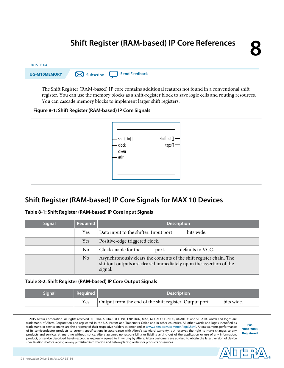 Shift register (ram-based) ip core references, Shift register (ram-based) ip core references -1 | Altera MAX 10 Embedded Memory User Manual | Page 60 / 71