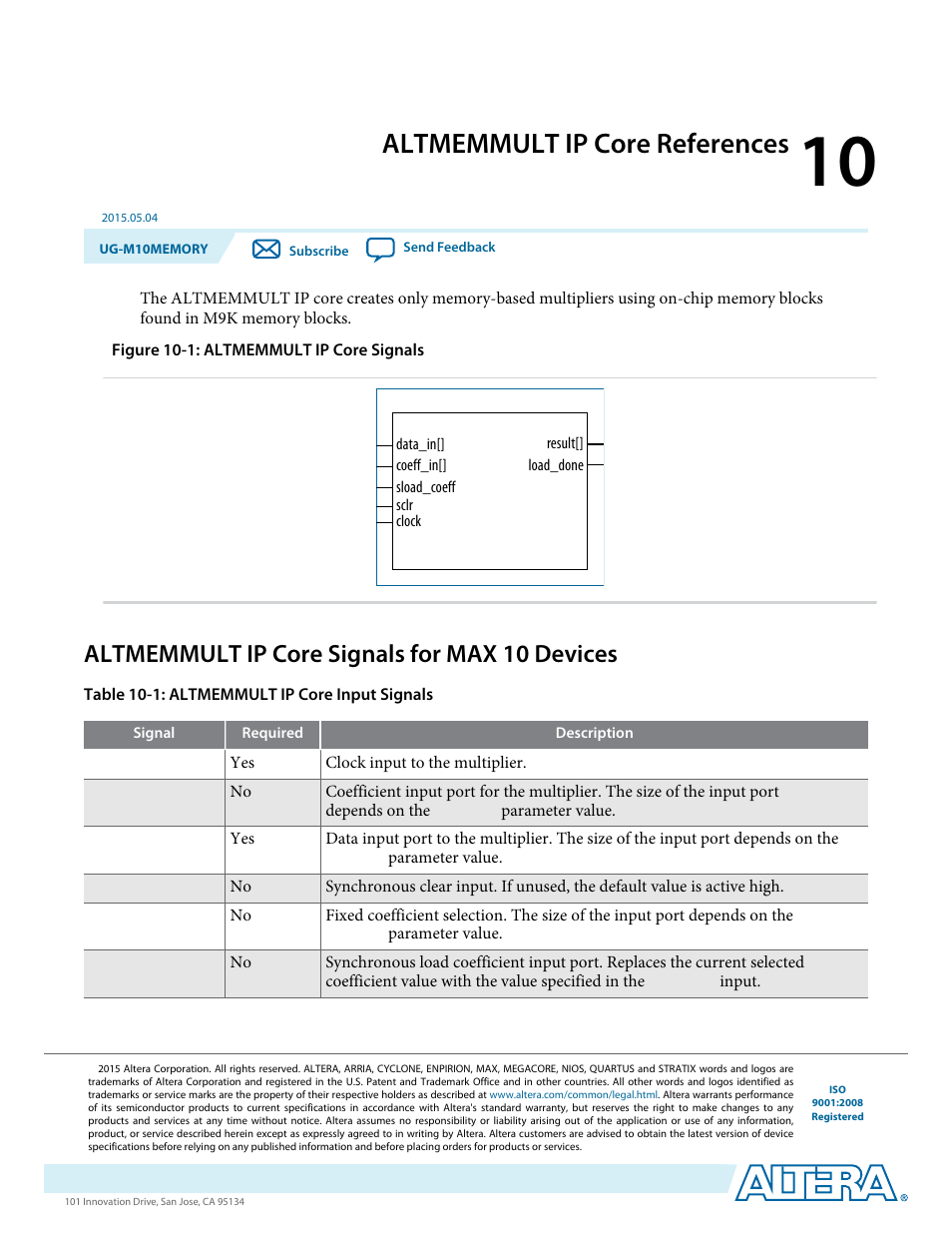 Altmemmult ip core references, Altmemmult ip core signals for max 10 devices, Altmemmult ip core references -1 | Altmemmult ip core signals for max 10 devices -1 | Altera MAX 10 Embedded Memory User Manual | Page 69 / 71