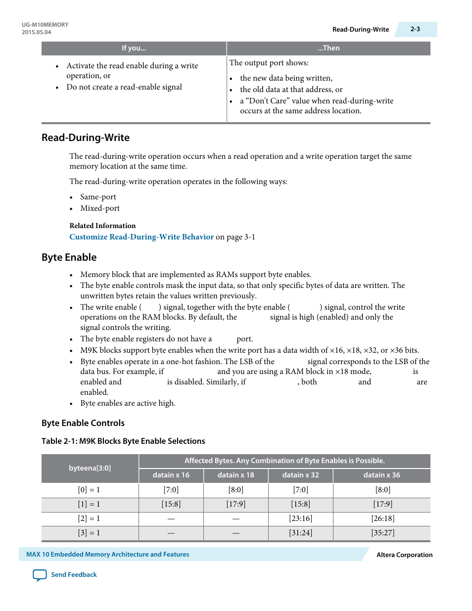 Read-during-write, Byte enable, Byte enable controls | Read-during-write -3, Byte enable -3 | Altera MAX 10 Embedded Memory User Manual | Page 7 / 71