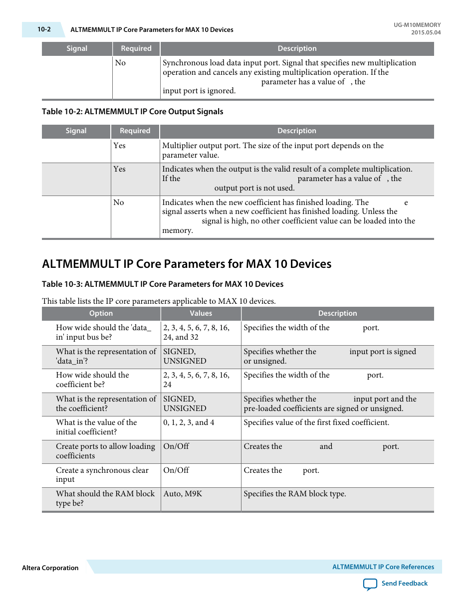 Altmemmult ip core parameters for max 10 devices | Altera MAX 10 Embedded Memory User Manual | Page 70 / 71