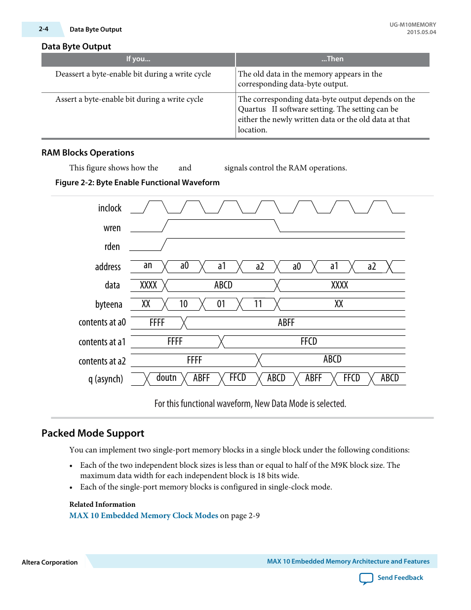 Data byte output, Ram blocks operations, Packed mode support | Packed mode support -4 | Altera MAX 10 Embedded Memory User Manual | Page 8 / 71