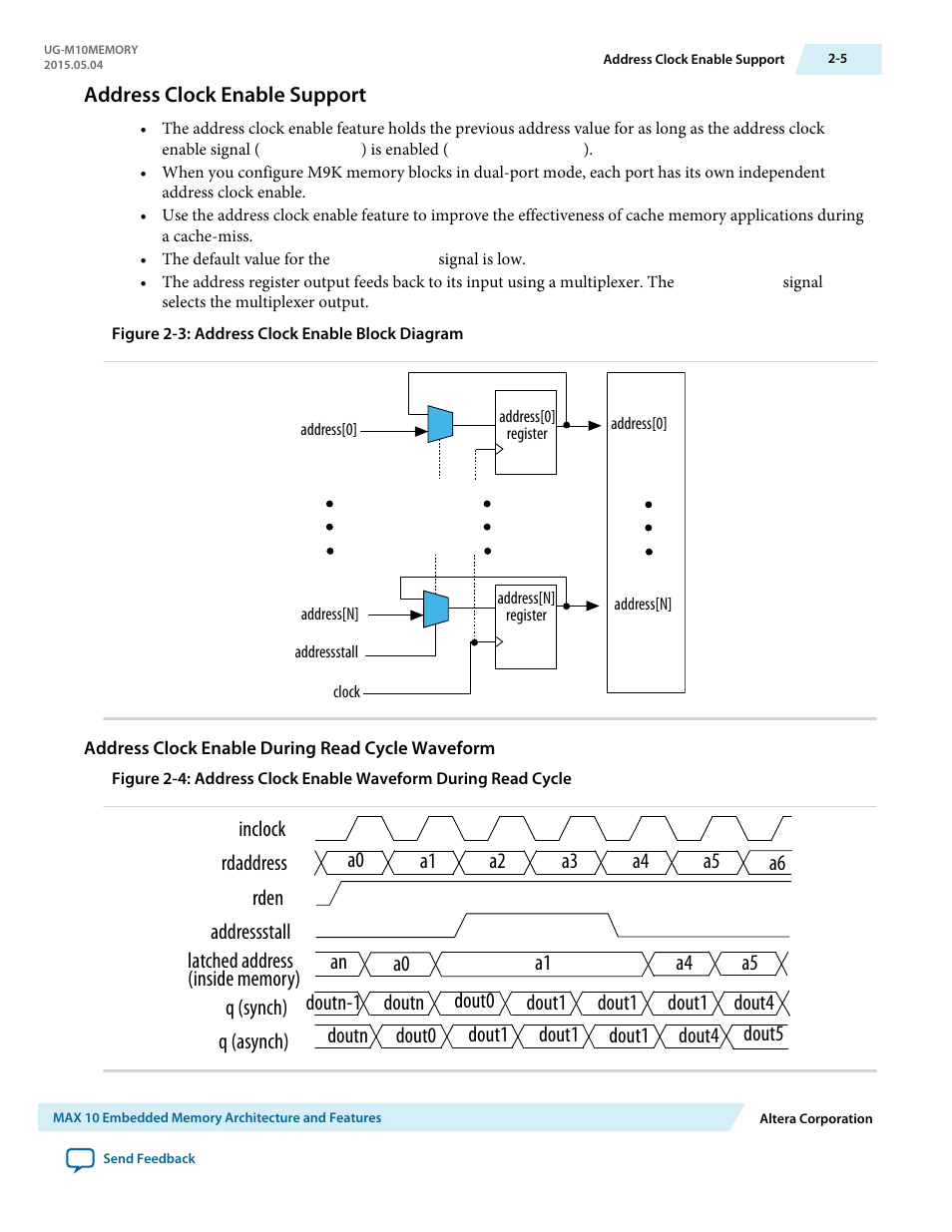 Address clock enable support, Address clock enable during read cycle waveform, Address clock enable support -5 | Altera MAX 10 Embedded Memory User Manual | Page 9 / 71