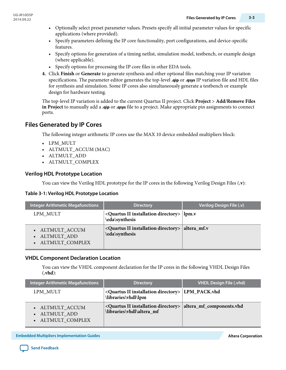 Files generated by ip cores, Verilog hdl prototype location, Vhdl component declaration location | Files generated by ip cores -3 | Altera MAX 10 Embedded Multipliers User Manual | Page 12 / 37