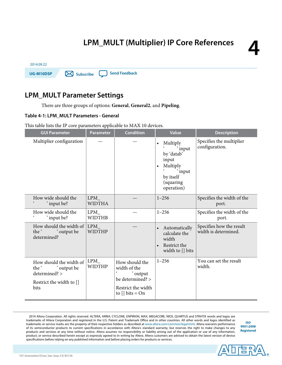Lpm_mult (multiplier) ip core references, Lpm_mult parameter settings, Lpm_mult (multiplier) ip core references -1 | Lpm_mult parameter settings -1 | Altera MAX 10 Embedded Multipliers User Manual | Page 13 / 37