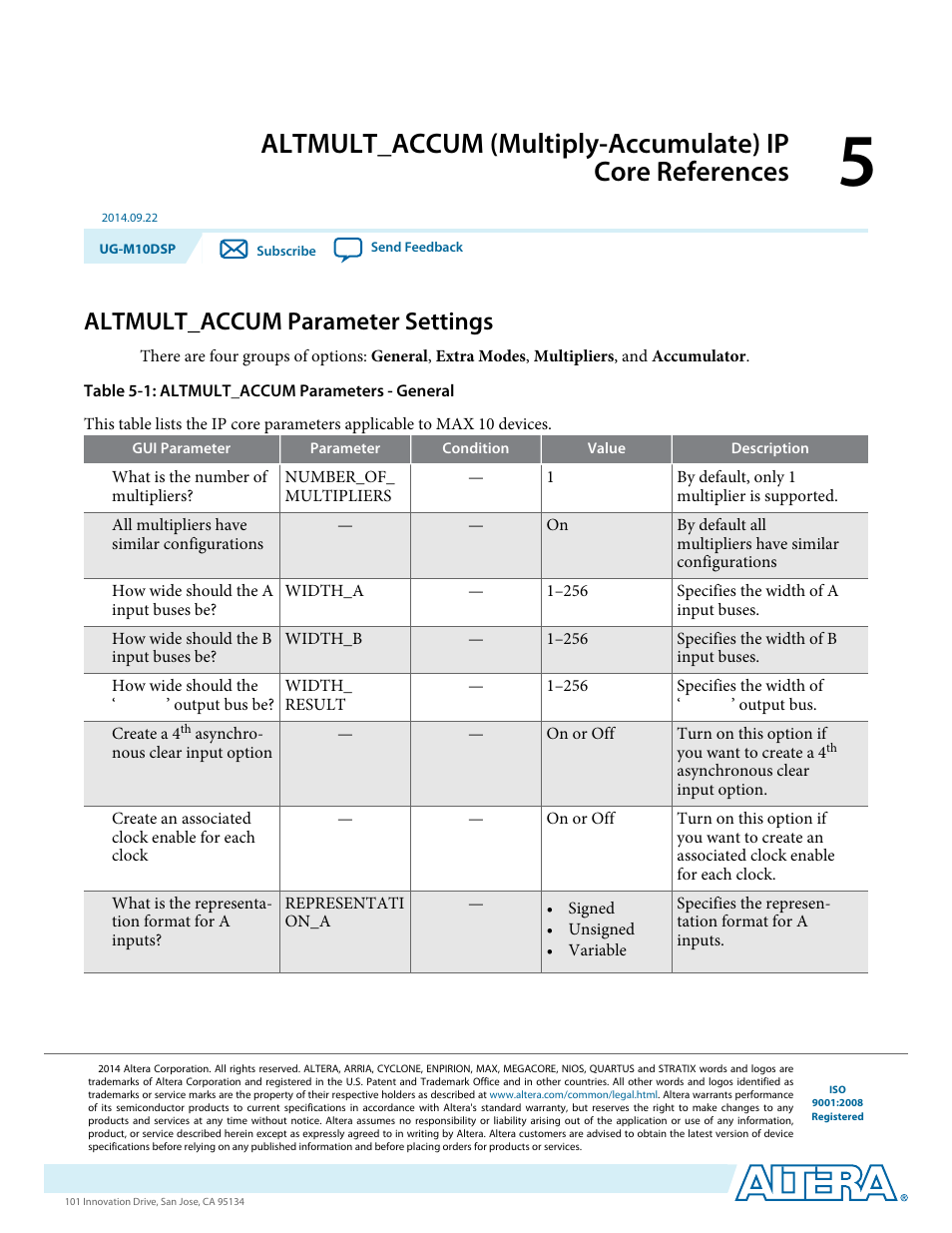 Altmult_accum parameter settings, Altmult_accum parameter settings -1 | Altera MAX 10 Embedded Multipliers User Manual | Page 16 / 37