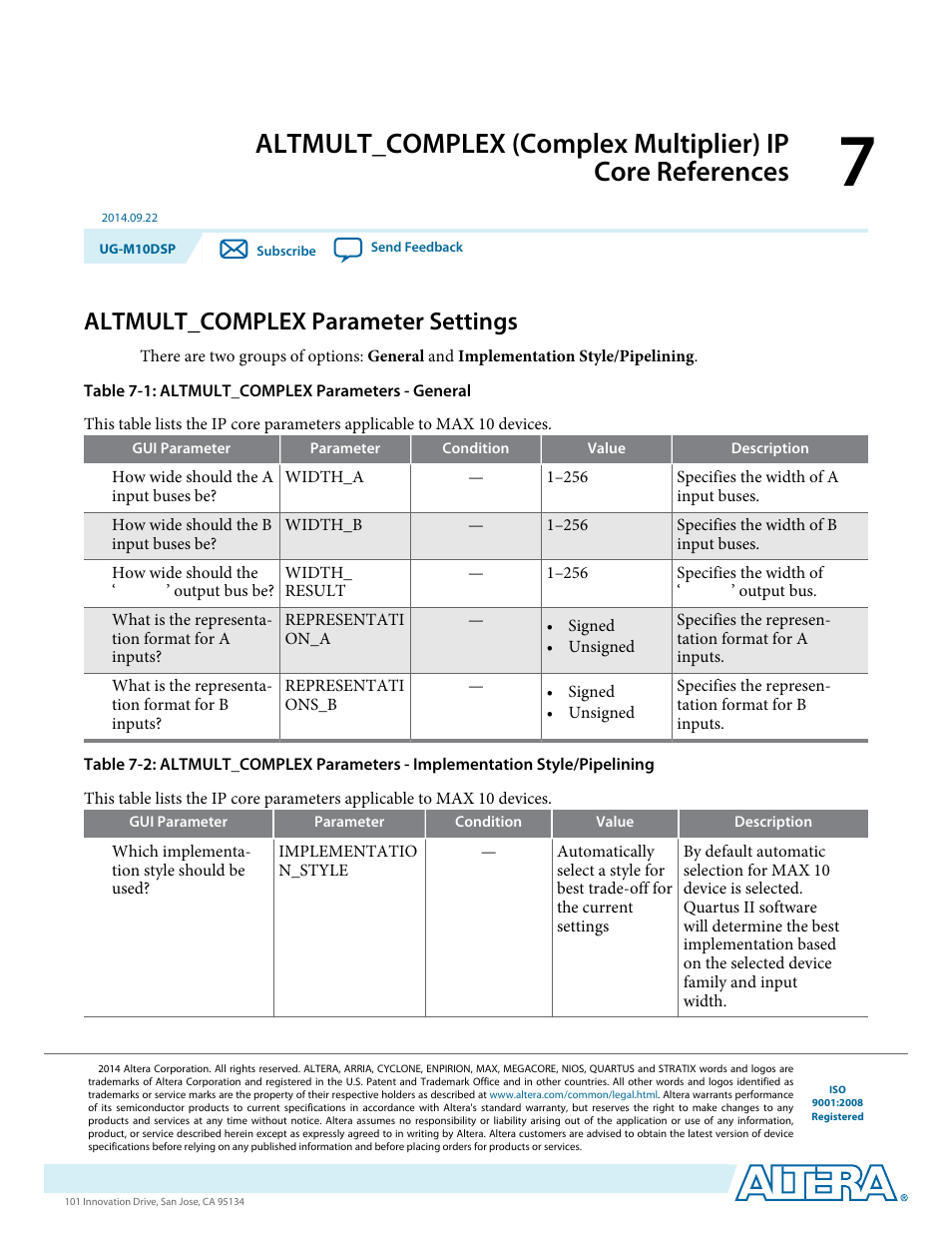 Altmult_complex parameter settings, Altmult_complex parameter settings -1 | Altera MAX 10 Embedded Multipliers User Manual | Page 34 / 37