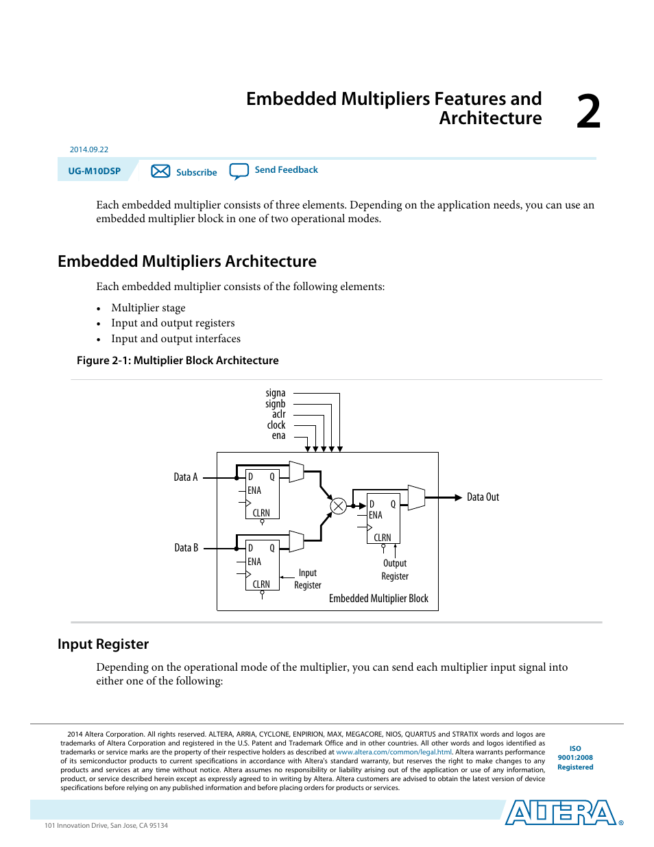 Embedded multipliers features and architecture, Embedded multipliers architecture, Input register | Embedded multipliers features and architecture -1, Embedded multipliers architecture -1, Input register -1 | Altera MAX 10 Embedded Multipliers User Manual | Page 5 / 37