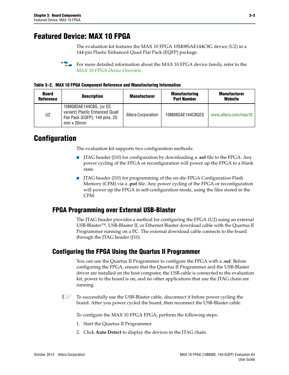 Featured device: max 10 fpga, Configuration, Fpga programming over external usb-blaster | Featured device: max 10 fpga –3 configuration –3 | Altera MAX 10 FPGA User Manual | Page 15 / 26