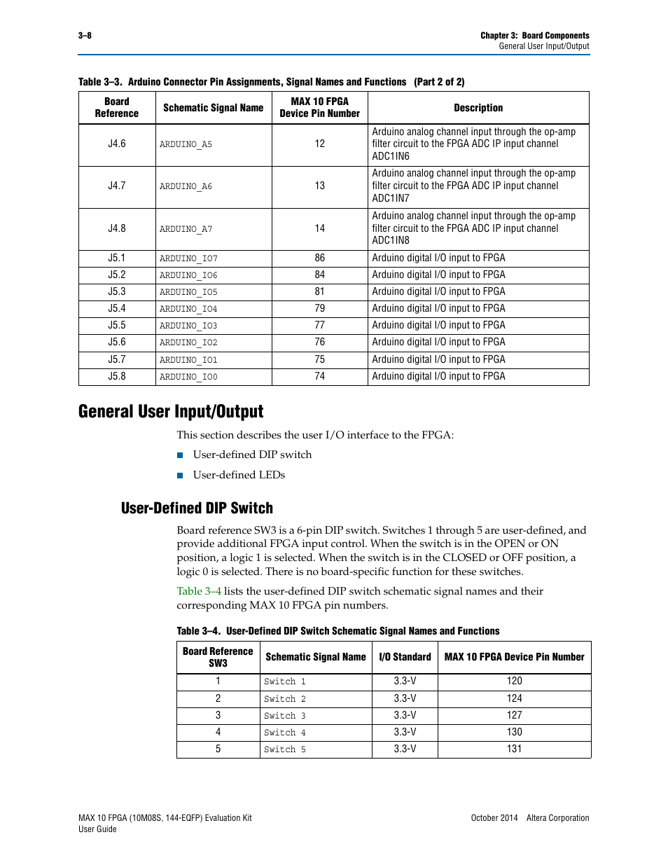 General user input/output, User-defined dip switch, General user input/output –8 | User-defined dip switch –8 | Altera MAX 10 FPGA User Manual | Page 20 / 26