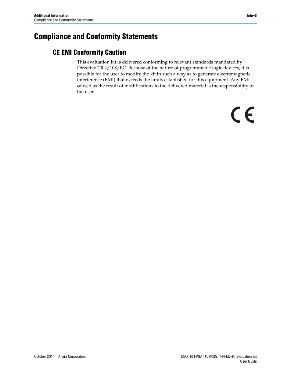 Compliance and conformity statements, Ce emi conformity caution | Altera MAX 10 FPGA User Manual | Page 25 / 26