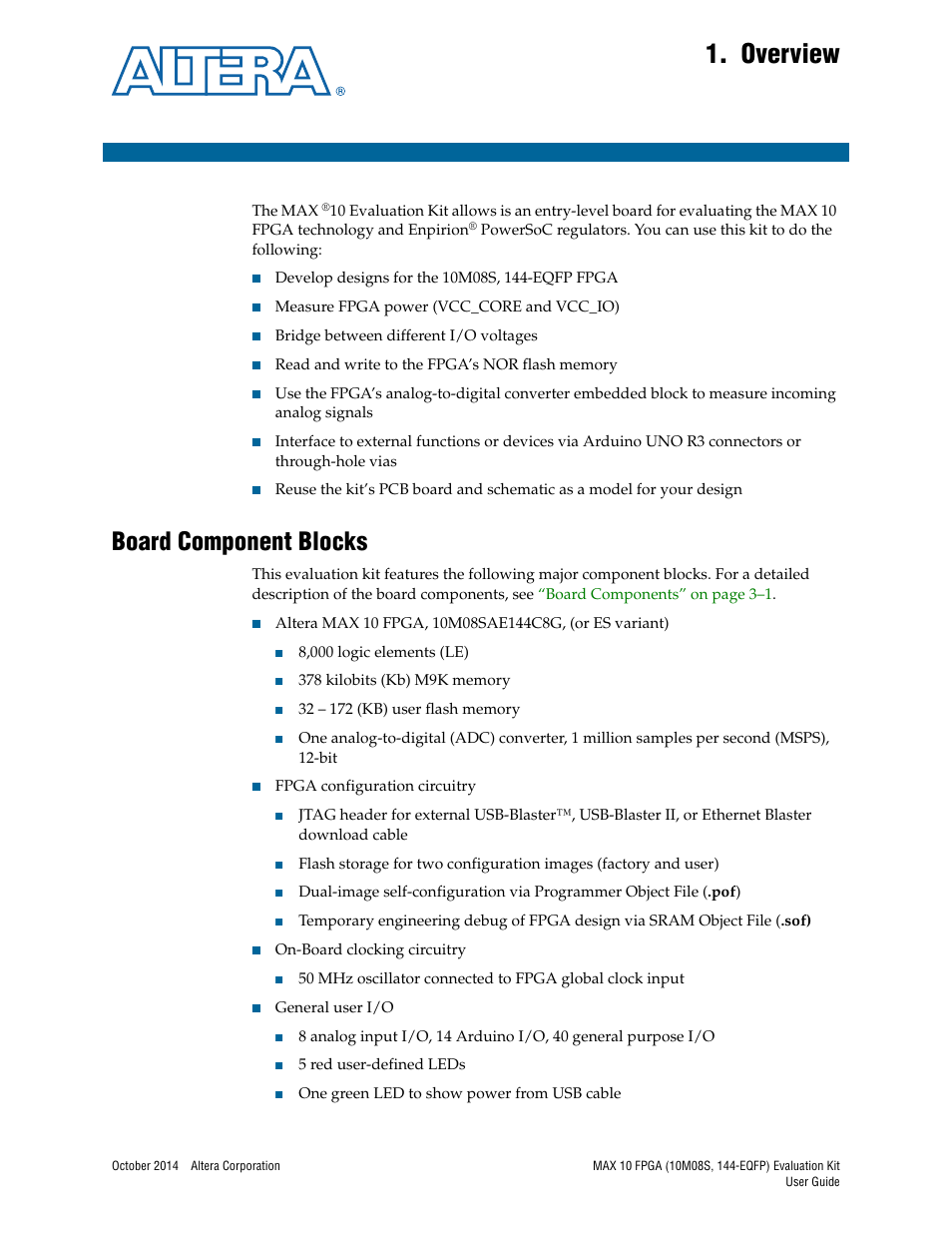 Overview, Board component blocks, Chapter 1. overview | Board component blocks –1 | Altera MAX 10 FPGA User Manual | Page 5 / 26
