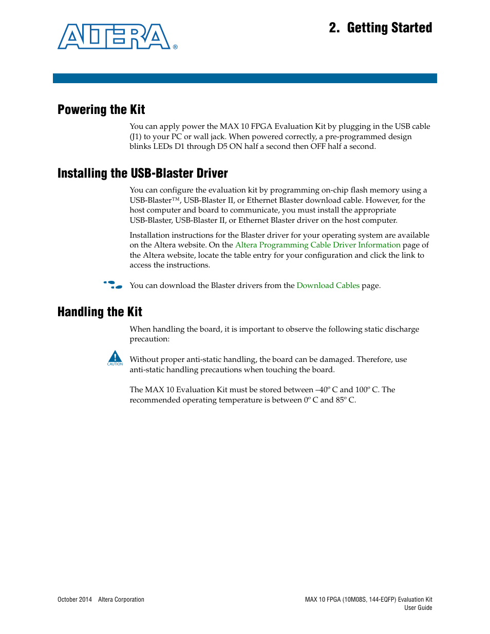 Getting started, Powering the kit, Installing the usb-blaster driver | Handling the kit, Chapter 2. getting started | Altera MAX 10 FPGA User Manual | Page 9 / 26