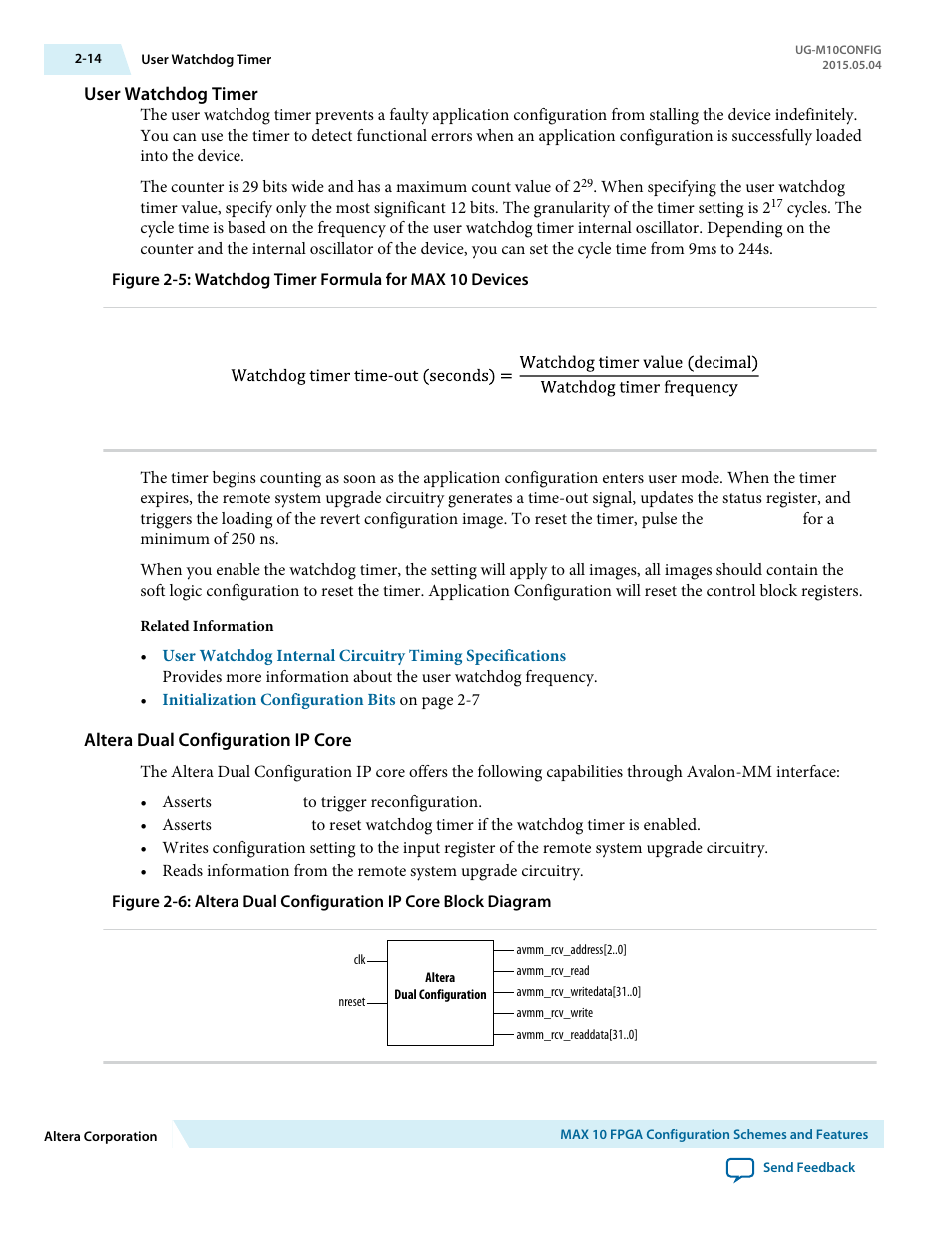 User watchdog timer, Altera dual configuration ip core | Altera MAX 10 FPGA User Manual | Page 18 / 56