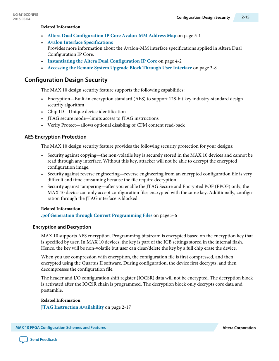 Configuration design security, Aes encryption protection, Encryption and decryption | Configuration design security -15 | Altera MAX 10 FPGA User Manual | Page 19 / 56