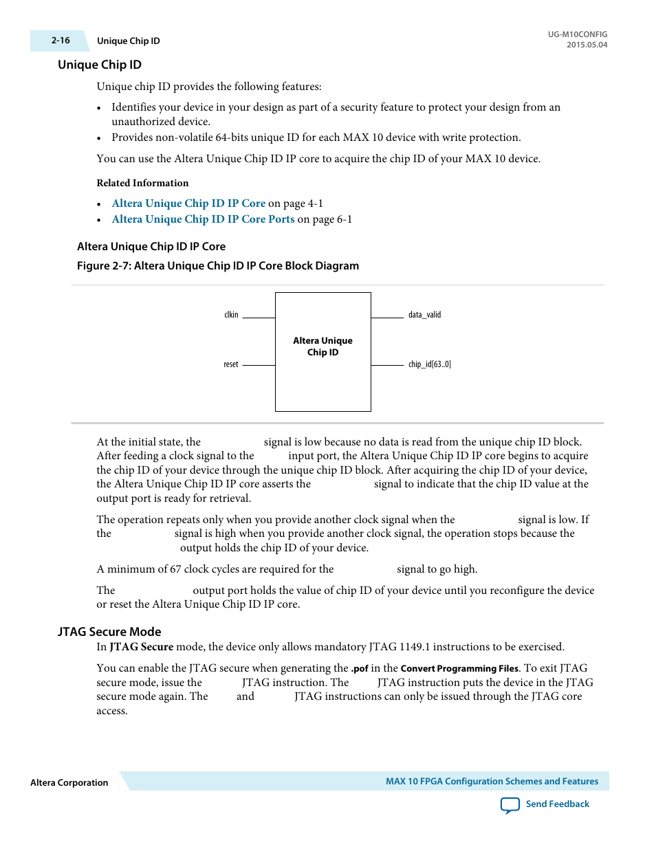 Unique chip id, Altera unique chip id ip core, Jtag secure mode | Altera MAX 10 FPGA User Manual | Page 20 / 56