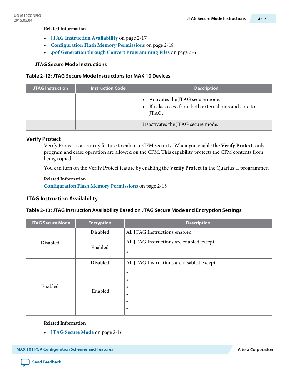 Jtag secure mode instructions, Verify protect, Jtag instruction availability | Altera MAX 10 FPGA User Manual | Page 21 / 56