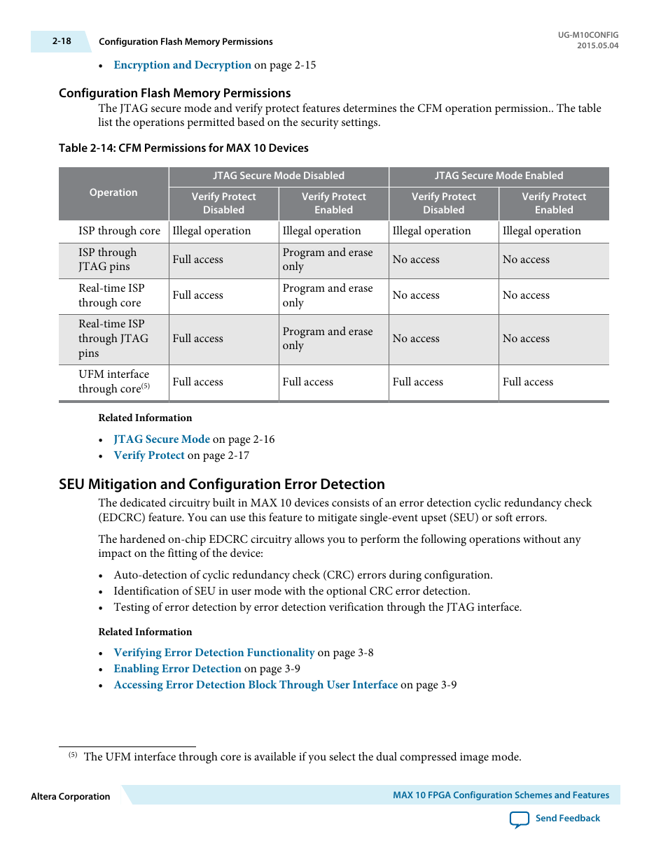 Configuration flash memory permissions, Seu mitigation and configuration error detection | Altera MAX 10 FPGA User Manual | Page 22 / 56