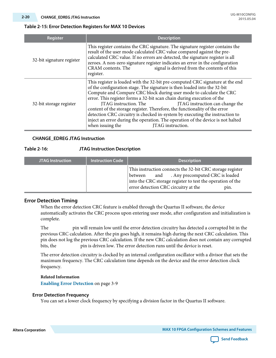 Change_edreg jtag instruction, Error detection timing, Error detection frequency | Altera MAX 10 FPGA User Manual | Page 24 / 56