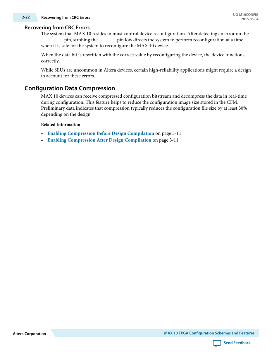 Recovering from crc errors, Configuration data compression, Configuration data compression -22 | Altera MAX 10 FPGA User Manual | Page 26 / 56